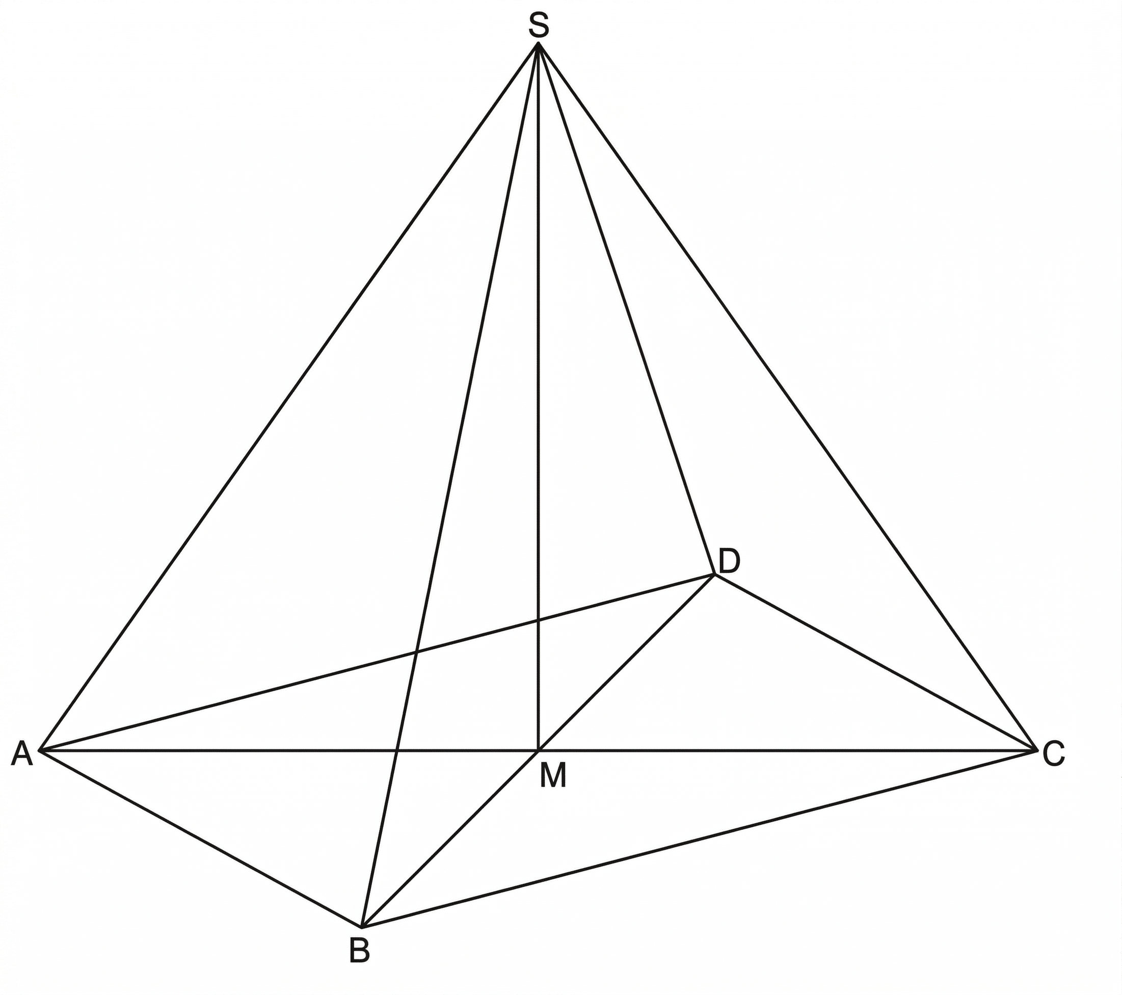 Geometrische Skizze eines pyramidenähnlichen Dreiecks mit Punkten S, A, B, C, D, M und mehreren Verbindungsstrecken.